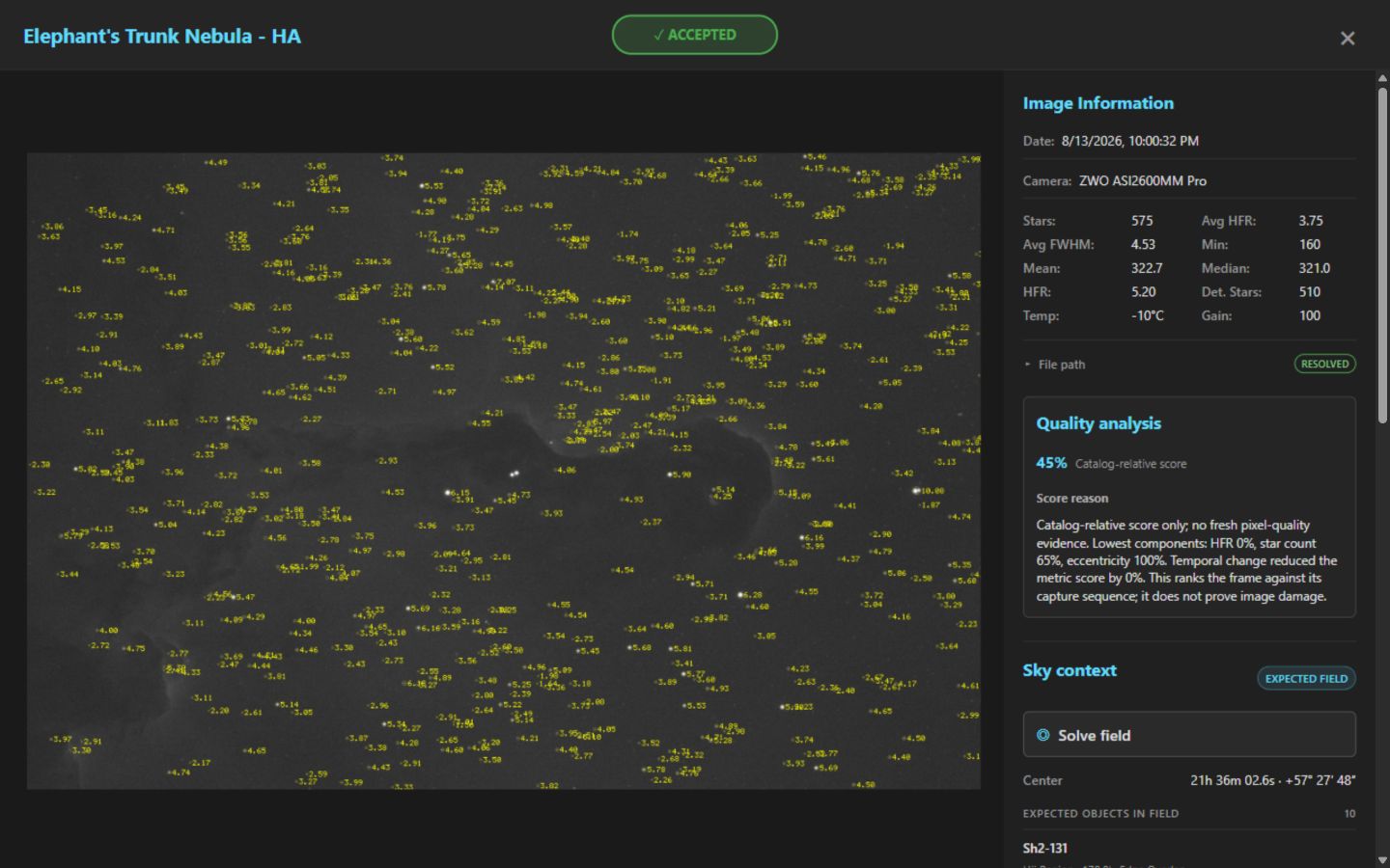 Image inspector with every detected star labeled by its measured HFR