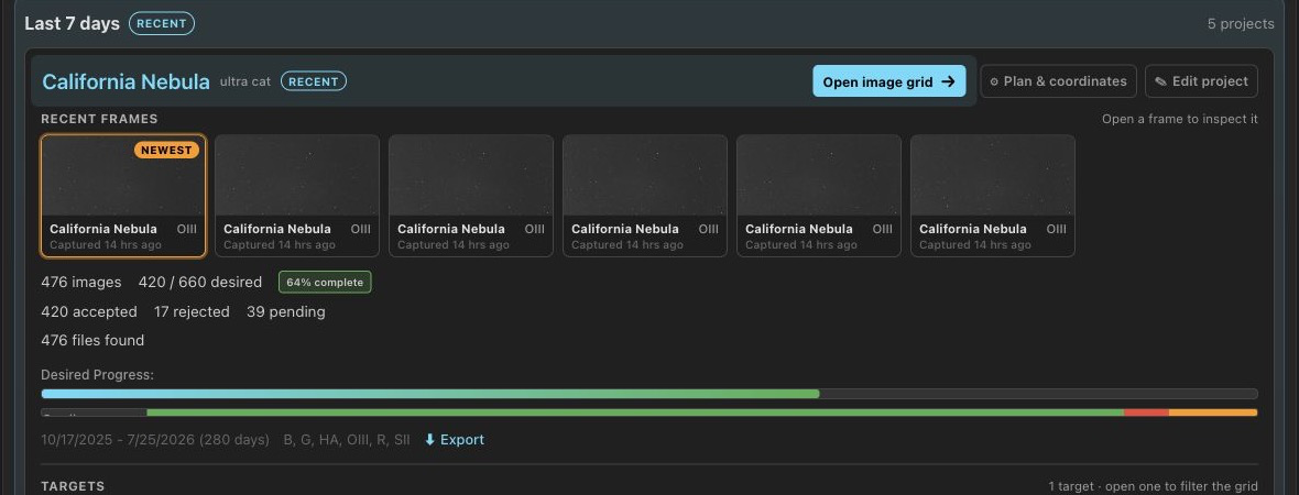 Overview project card with accepted and rejected counts and the Export action