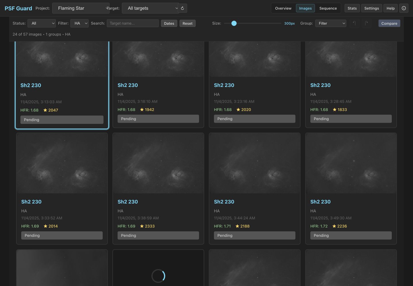 PSF Guard desktop grid showing real Flaming Star H-alpha frames