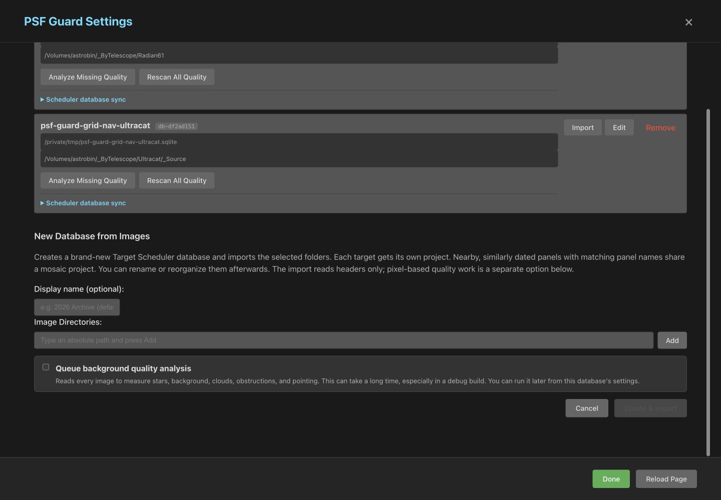 New Database from Images form with header-only import and optional background quality analysis
