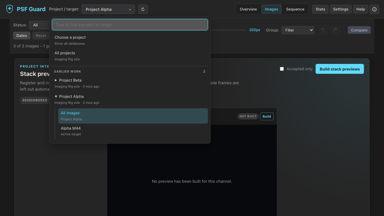 Unified project and target picker with type-ahead search