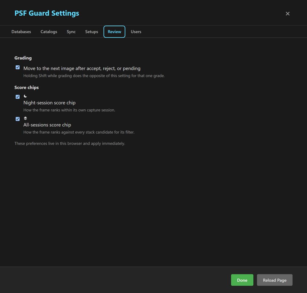 The Review settings tab with grade advance and two score chip choices