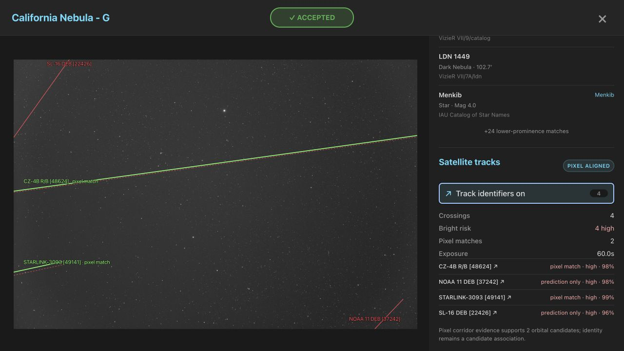 California Nebula exposure with dashed orbital candidates and solid green pixel-aligned satellite trails