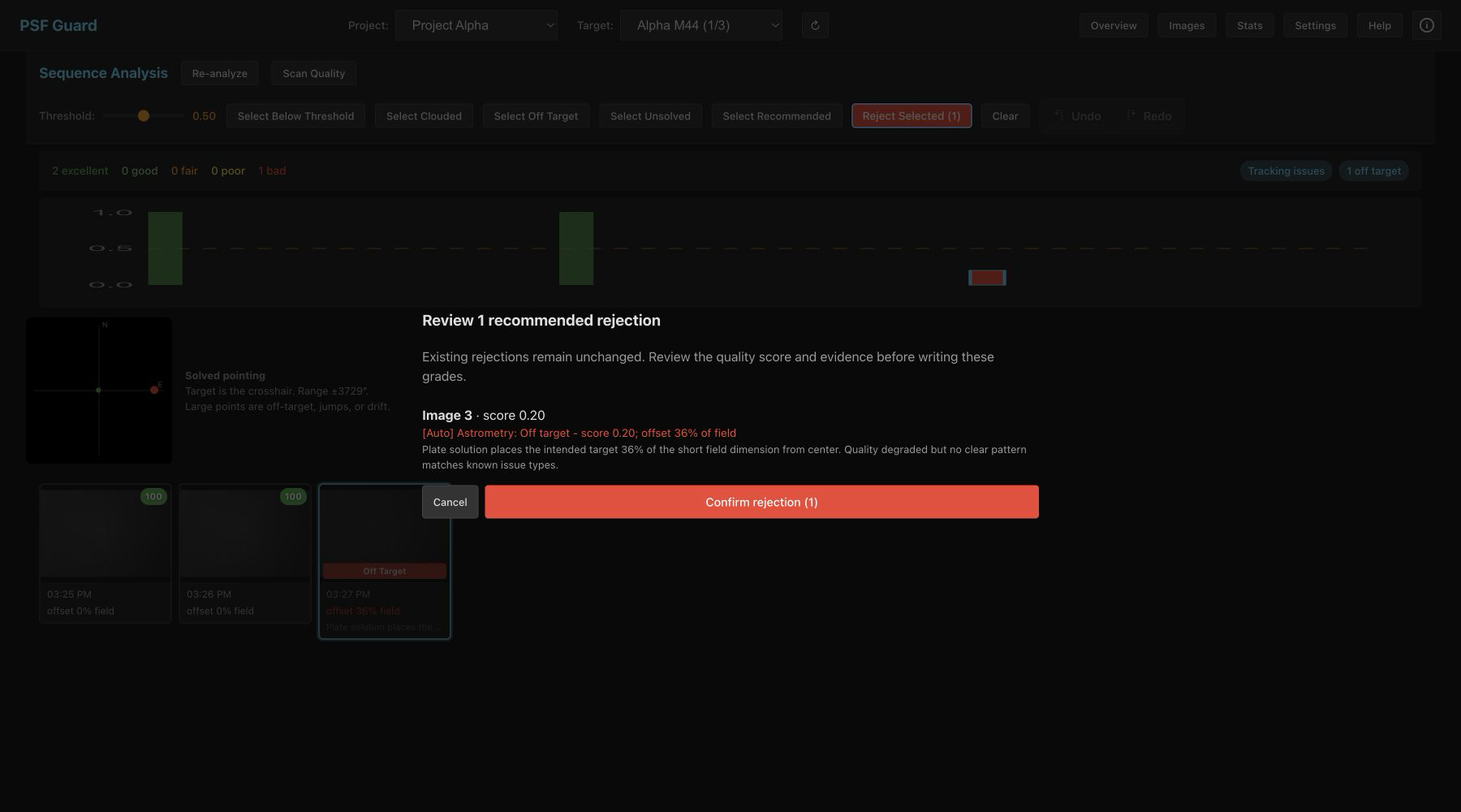 Review dialog showing a proposed astrometry rejection and evidence