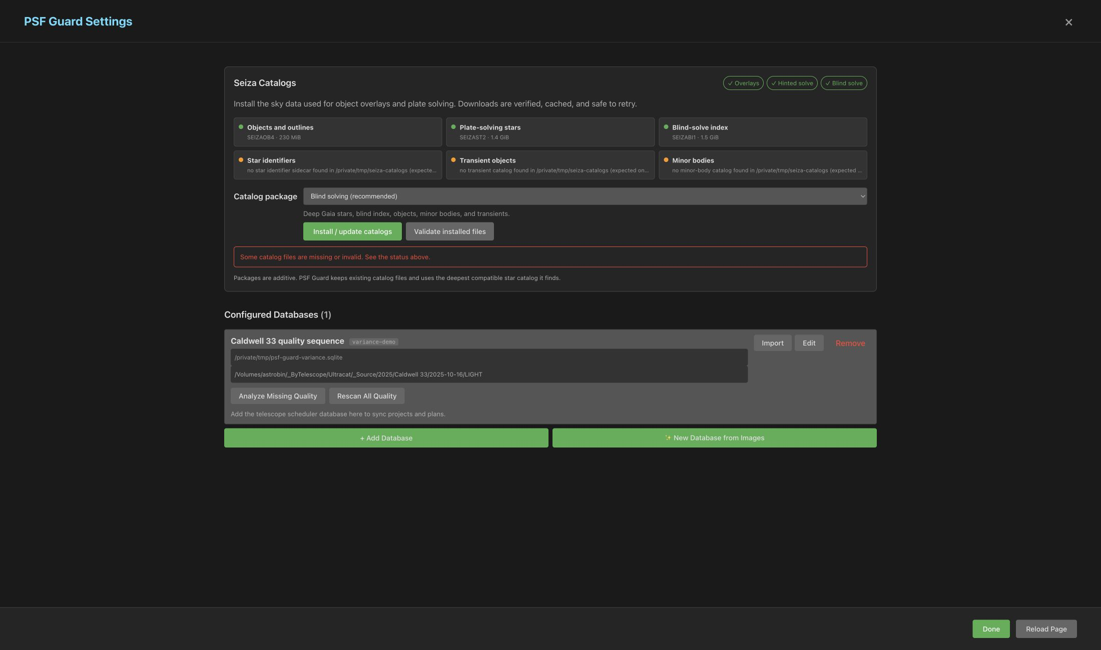 Settings showing Seiza catalog readiness, package selection, validation, and database quality actions