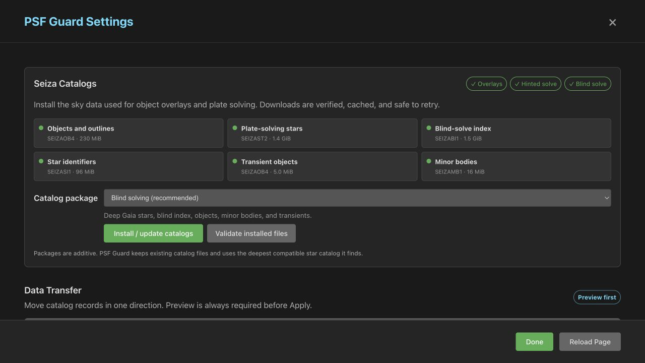 Settings showing installed Seiza catalogs and available sky features