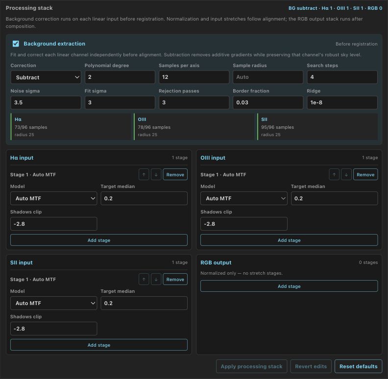 Background extraction controls and per-channel fit diagnostics from a real narrowband preview