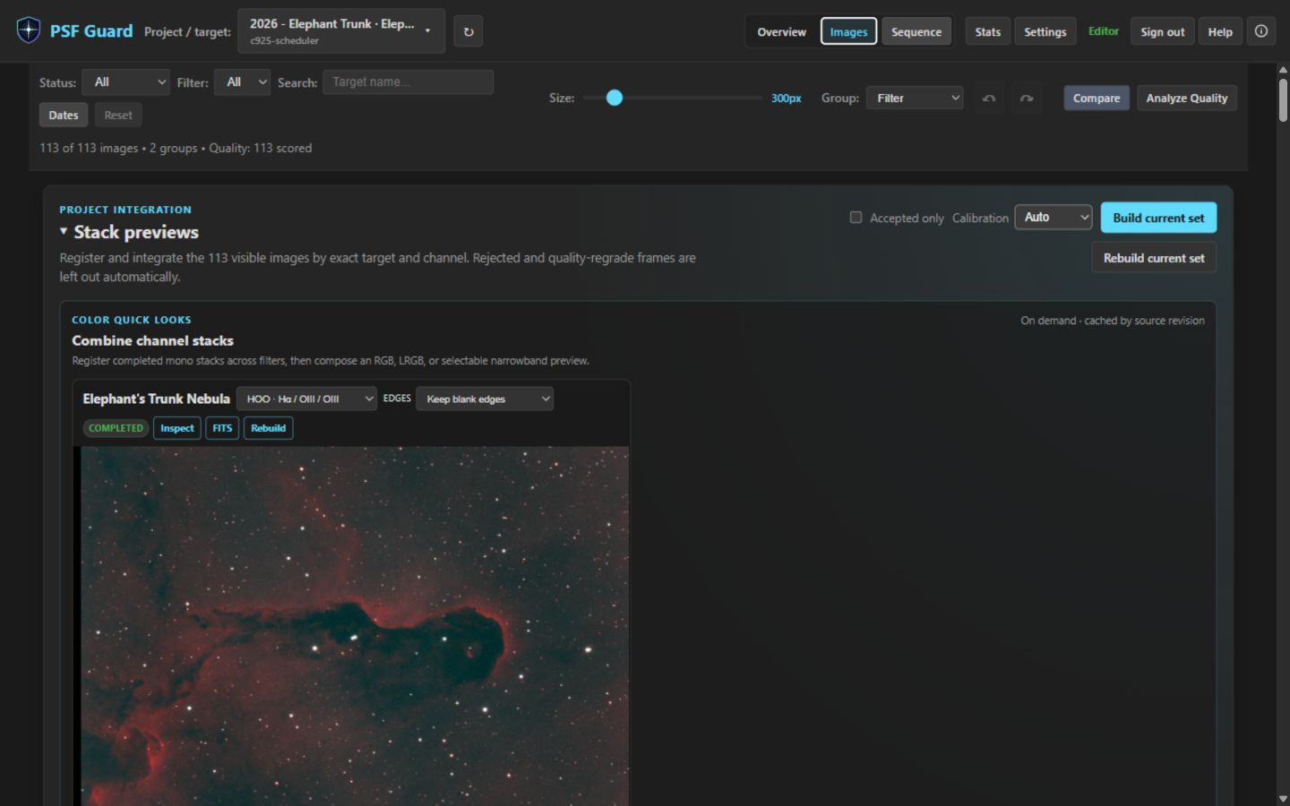 Stack preview panel with project-wide Auto calibration and a completed HOO color preview