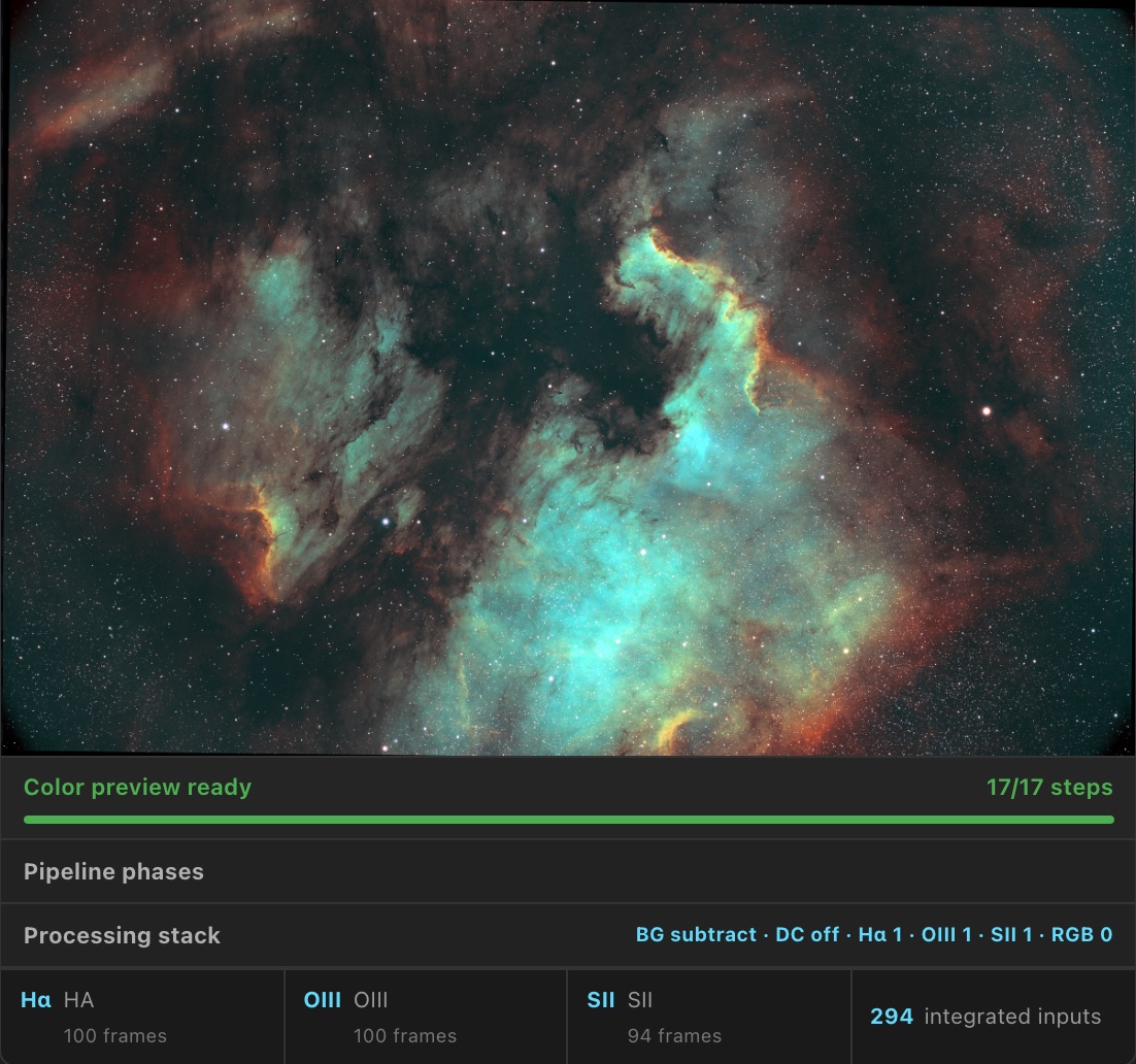 Real Gulf of Mexico (NGC 7000) Foraxx SHO preview built from PSF Guard channel stacks